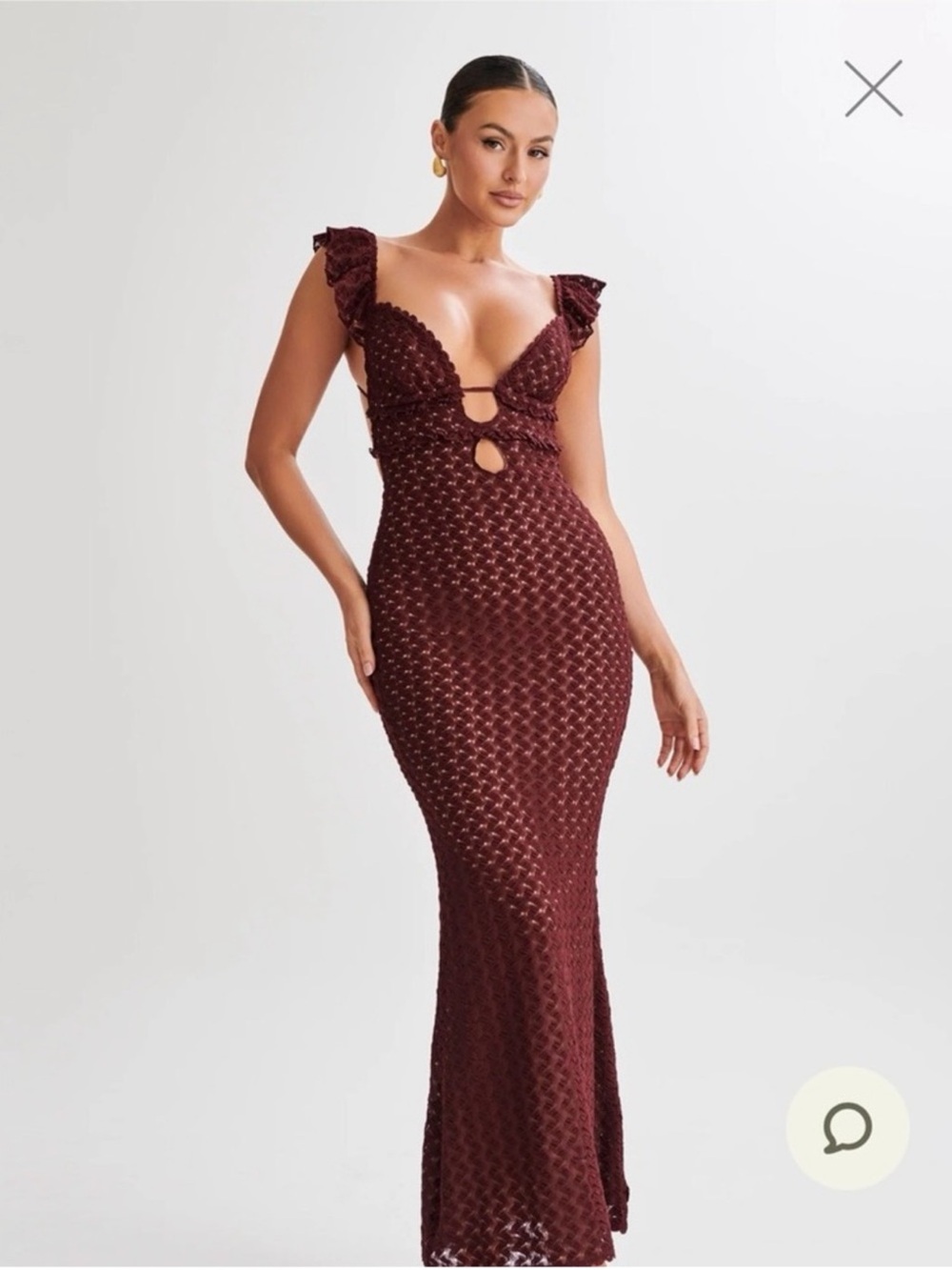 Meshki Burgundy Cutout Maxi Dress with Ruffle Straps